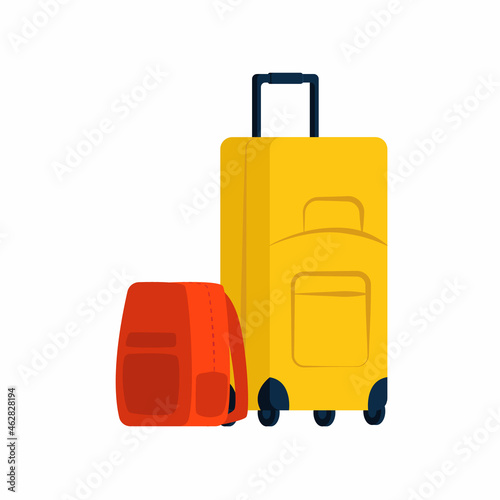 Vector flat set of luggage bags for travel. It shows a yellow overall bag on wheels and a red backpack. You can use web design elements, banners, etc.