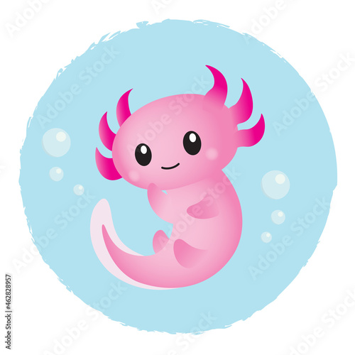 Adorable pink cartoon axolotl in water bubble. Cute exotic amphibian illustration. Vector flat design element