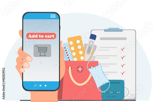 Human hand holding mobile phone for medicine online payment. Home delivery pharmacy service. Paper bag with pills bottle, medicines, drugs, thermometer inside. Medical assistance, health care concept