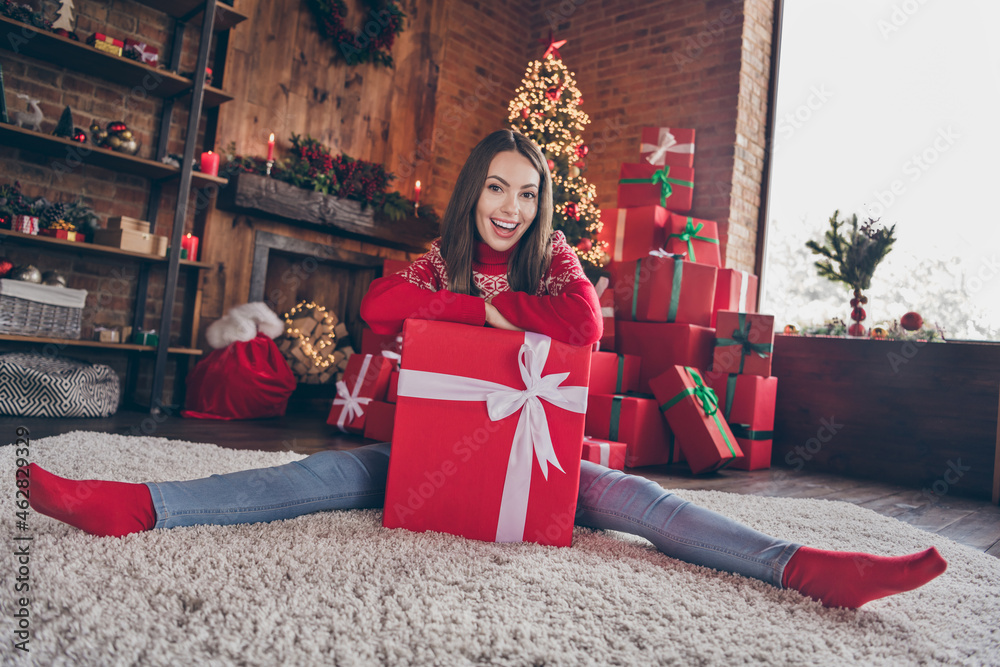 Photo of excited attractive young lady wear red pullover smiling holding christmas present indoors house home room