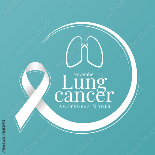 November, Lung cancer awareness month text and line lung symbol in white ribbon made around circle frame on pastel green blue background vector design