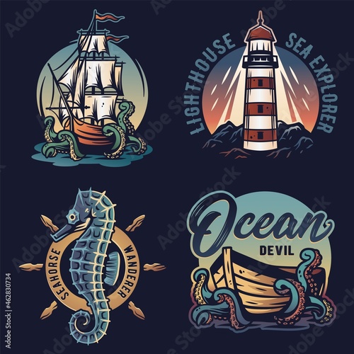 Nautical or oceanic design for print. Sea set with seahorse and boat. Marine octopus and lighthouse