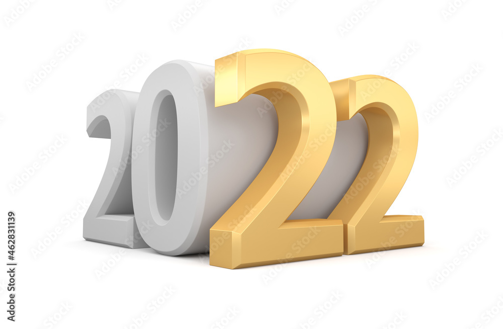 Gold and white numbers 2022 on a white background. 3d render illustration.