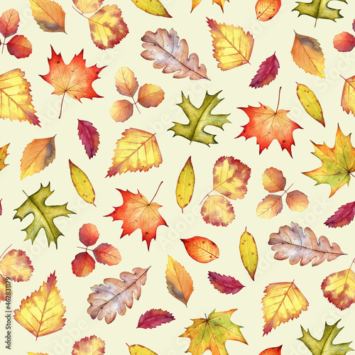 Seamless colorful pattern of watercolor autumn leaves