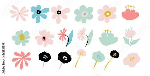Abstract modern flowers set. Simple blossom floral shapes, geometric collage elements. Contemporary flower and leaves collection.Organic graphic shapes isolated on white background.Vector illustration
