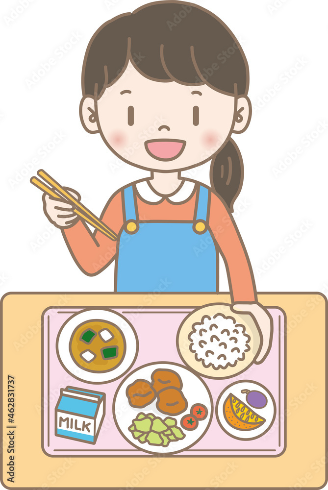 給食を食べる子ども・食堂のメニュー:Children eating school lunch.This is the school lunch menu. 給食を食べる子ども・食堂のメニュー:Children eating school lunch.This is the school lunch menu.