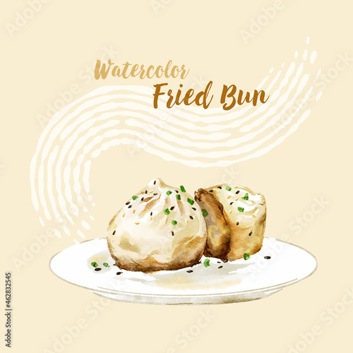 Hand-drawn watercolor fried buns (bao or dumpling) illustration. the popular street food in Asia. black sesame and green onion on it.