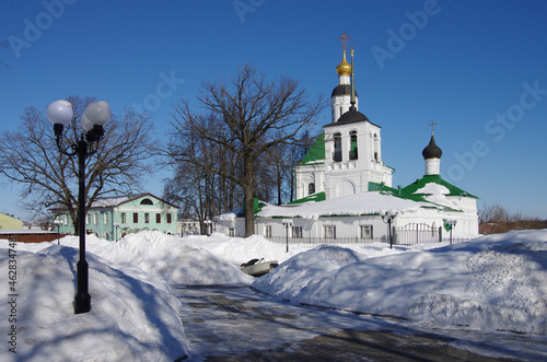 Vladimir, Russia - March, 2021: Savior Transfiguration Parish Church of St. Nicholas in winter sunny day