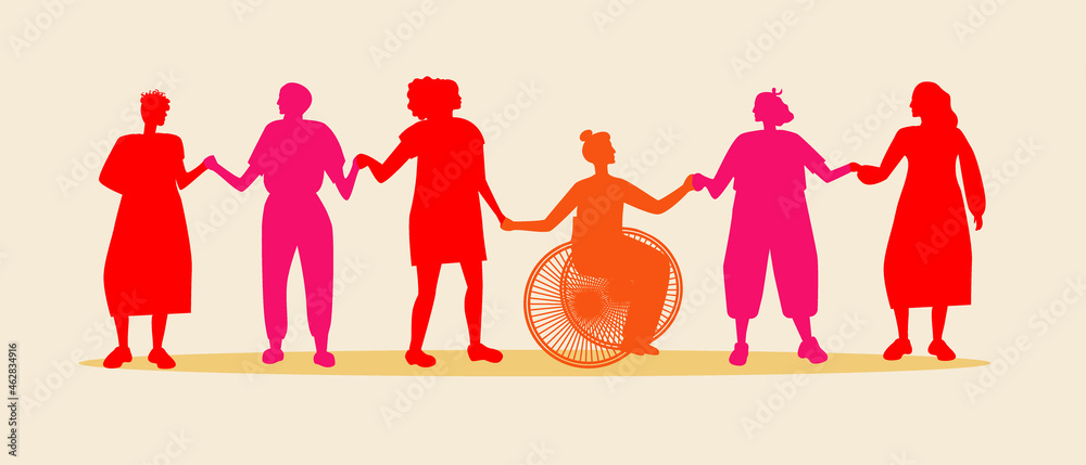 Silhouettes of a woman holding hands, Silhouette vector stock illustration with a group of different people for March 8, Disabled person, islamic woman together as an inclusive group