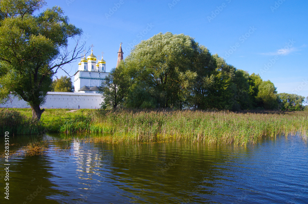 Village Teryaevo, Volokolamsk district, Moscow region, Russia - September, 2020:  Iosifo-Volotsky monastery, view from the lake