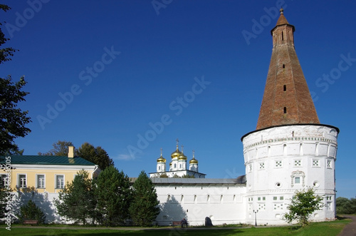 Village Teryaevo, Volokolamsk district, Moscow region, Russia - September, 2020:  Iosifo-Volotsky monastery, kremlin wall and tower photo