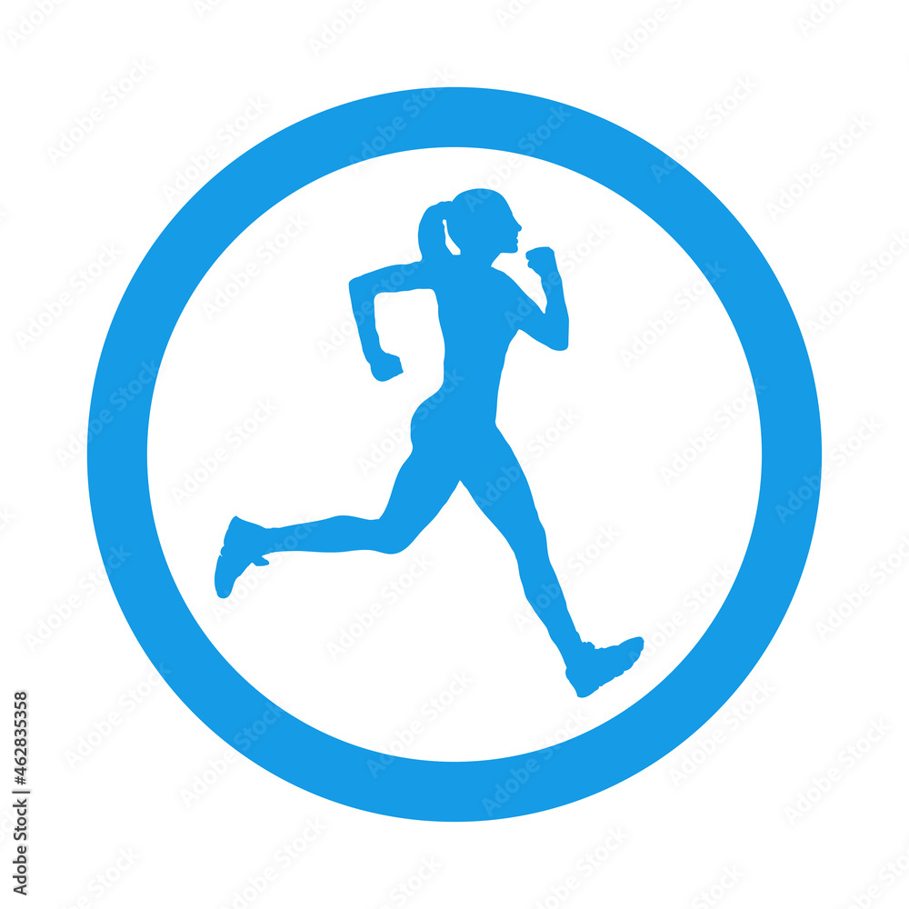 Logotipo carrera a pie. Icono con silueta de mujer corredora en circulo color azul Logotipo carrera a pie. Icono con silueta de mujer corredora en circulo color azul