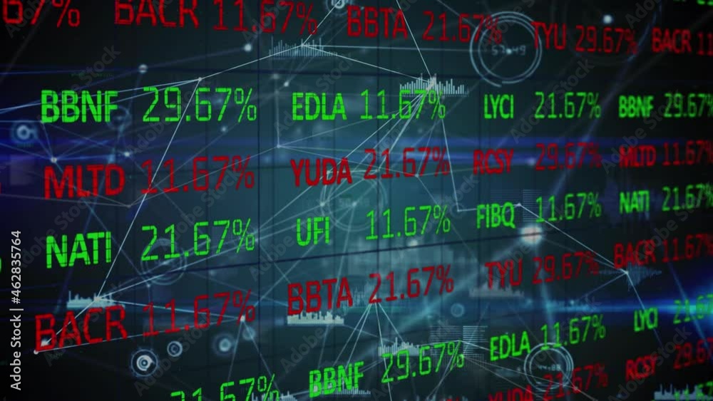 Animation of network of connections financial data on stock market screen Animation of network of connections financial data on stock market screen