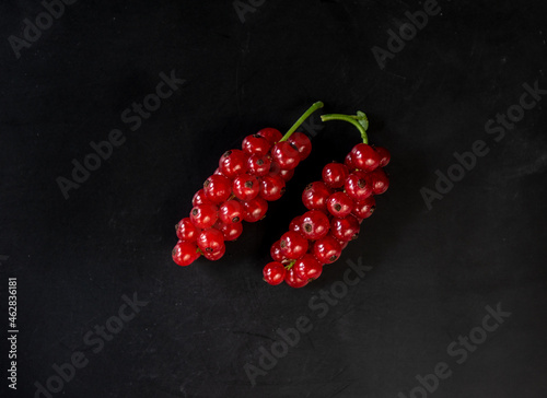 Single red currant on rustic black table