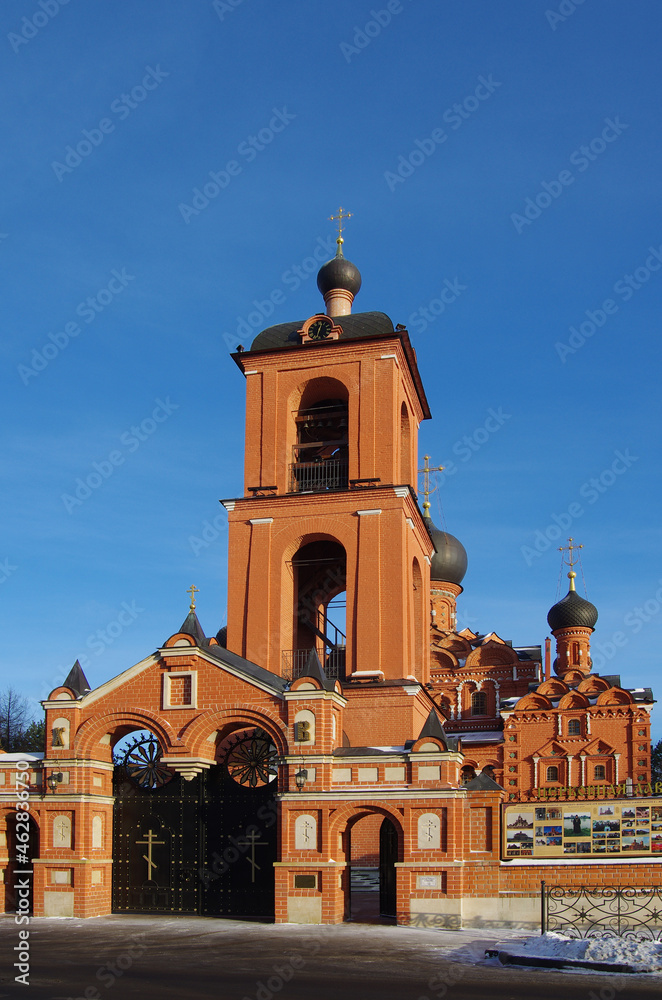 Village Markovo, Russia  -December 2020:  Compound of the Intercession Monastery at the Church of the Kazan Icon of the Mother of God