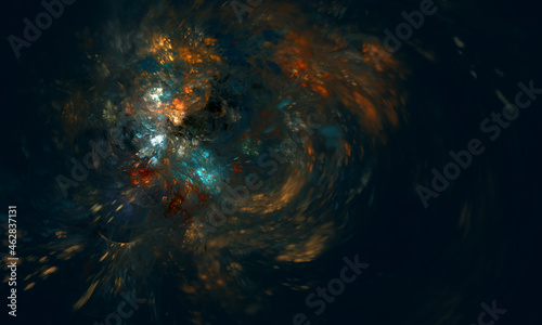 Artistic cosmic infinity 3d representation, splash and vortex of digital orange blue paint in deep darkness. Great as background, cover for electronic devices designs, print or artwork. 