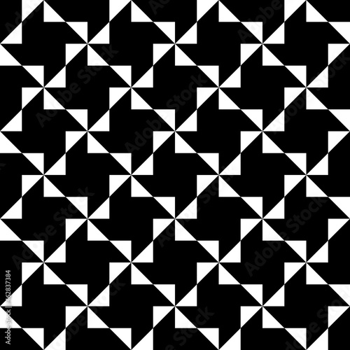 White turntables or windmills on a black background. Elementary ornament consisting of four screw parts. Vector.