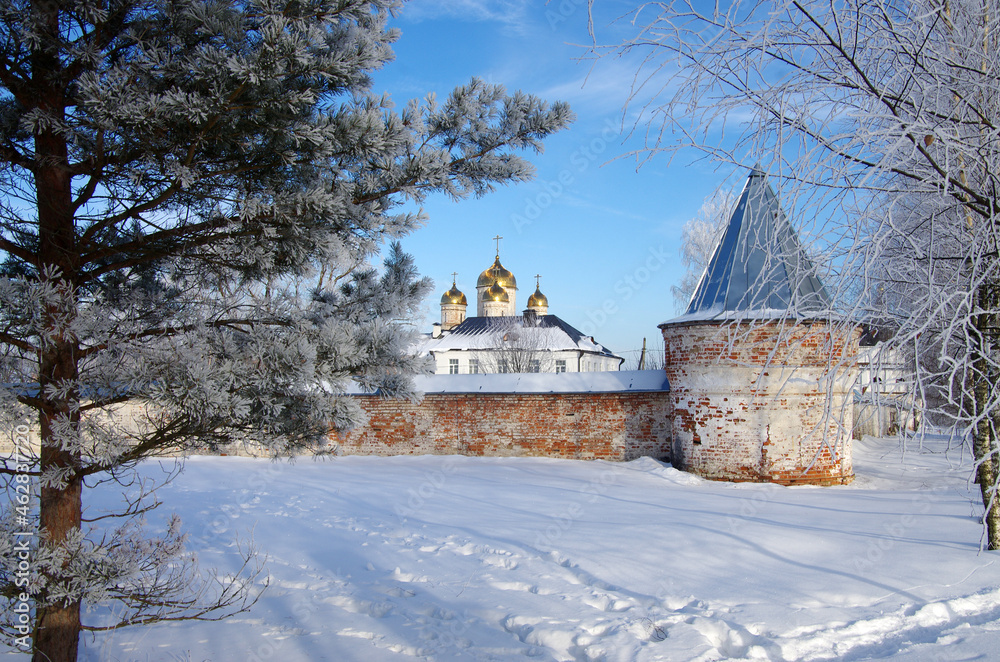 Mozhaisk, Russia - February, 2021: Luzhnetsky Ferapontovsky monastery in winter frozen day