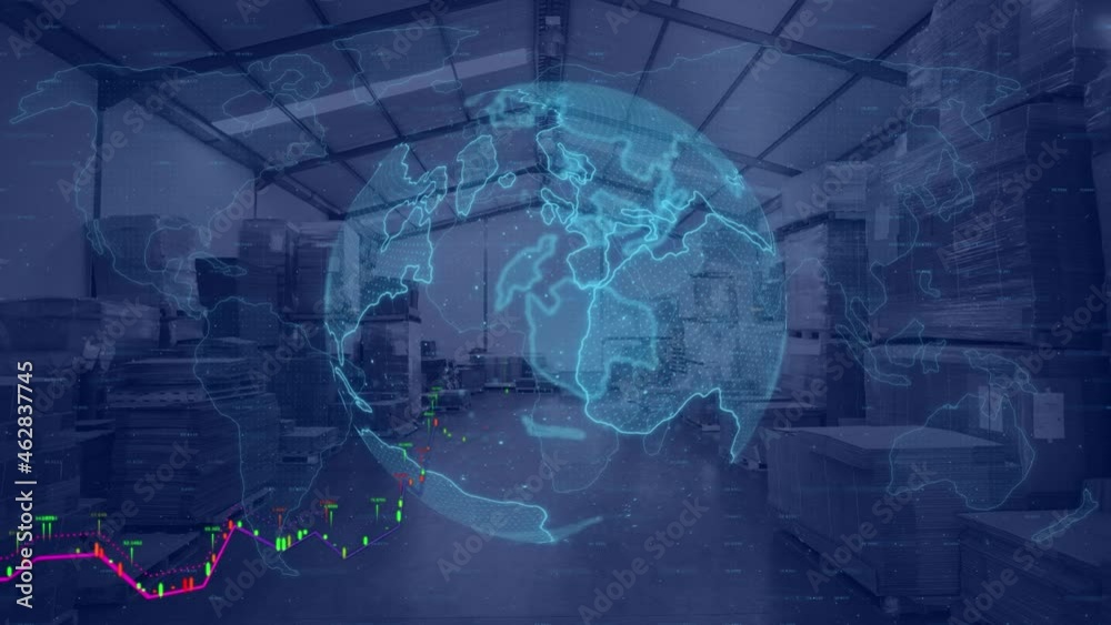 Animation of globe and digital interface with data processing over warehouse Animation of globe and digital interface with data processing over warehouse