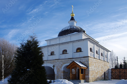 Mozhaisk, Russia - February, 2021: Luzhnetsky Ferapontovsky monastery in winter frozen day photo