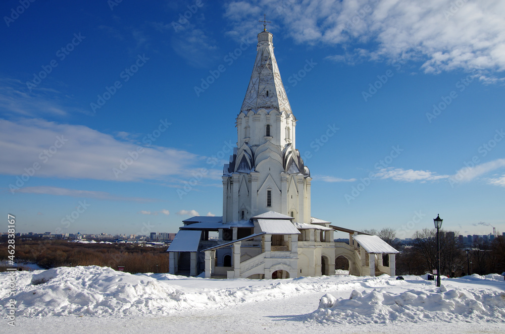 MOSCOW, RUSSIA - February, 2021: Winter day in the Kolomenskoye estate. Church of the Ascension