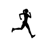 Logotipo carrera a pie. Icono con silueta de mujer corredora en color negro
