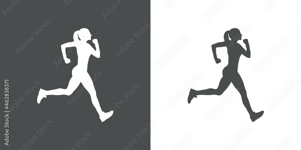 Logotipo carrera a pie. Icono con silueta de mujer corredora en fondo gris y fondo blanco