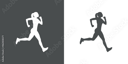 Logotipo carrera a pie. Icono con silueta de mujer corredora en fondo gris y fondo blanco