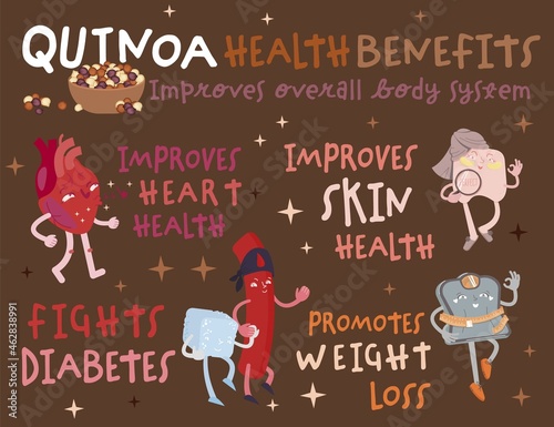 Quinoa health benefits. Colorful graphic image for package design.