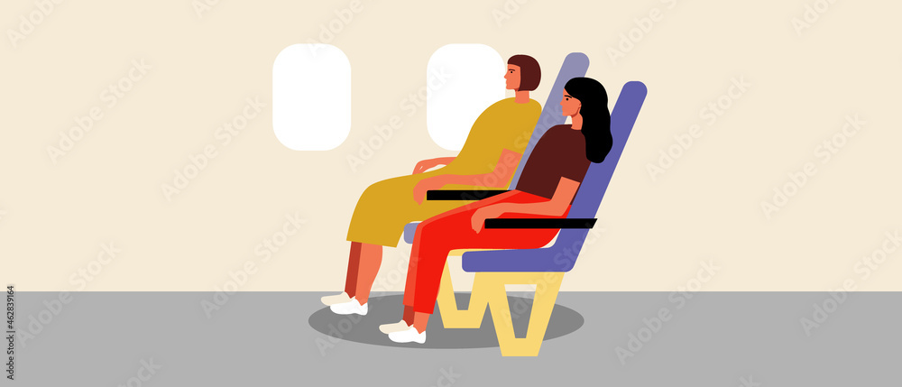 LGBTQ couple as passengers on an airplane, Flat vector stock illustration with a couple of lesbian women in an airplane seat