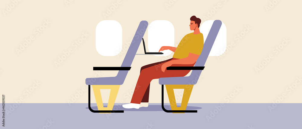 Passenger working in airplane, flat vector stock illustration with male freelancer with laptop or computer in airplane Passenger working in airplane, flat vector stock illustration with male freelancer with laptop or computer in airplane