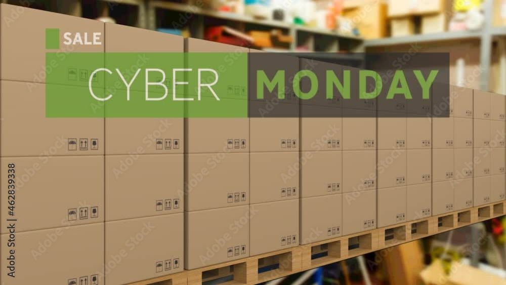 Animation of cyber monday text over cardboard boxes on conveyor belt Animation of cyber monday text over cardboard boxes on conveyor belt