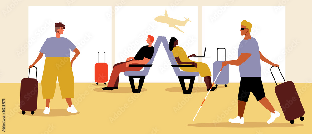 People in airport waiting room, flat vector stock illustration with men and women, inclusive multicultural airport, people in waiting room
