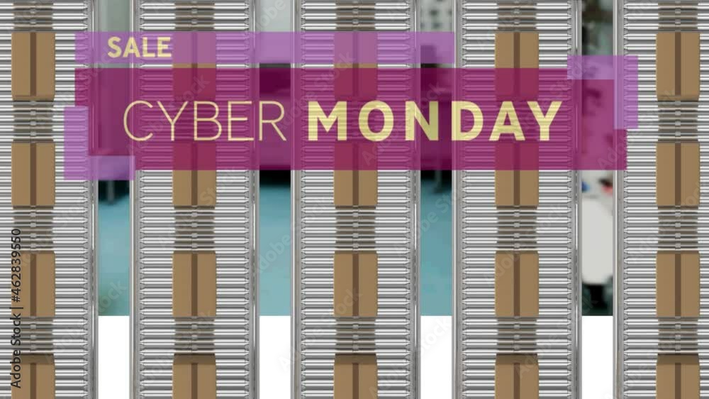 Animation of cyber monday sale text over cardboard boxes on conveyor belts Animation of cyber monday sale text over cardboard boxes on conveyor belts