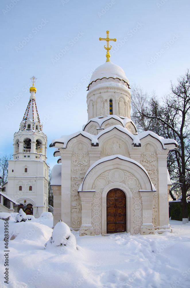 Pavlovskaya Sloboda, Russia - January, 2021: Exterior of the Temple complex Pavlovskaya Sloboda, Russia - January, 2021: Exterior of the Temple complex