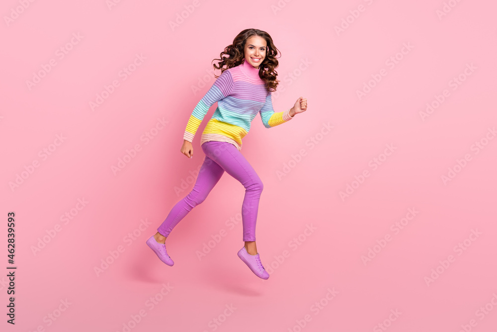 Full size profile side photo of young cheerful lady go runner fast jumper air isolated over pastel color background