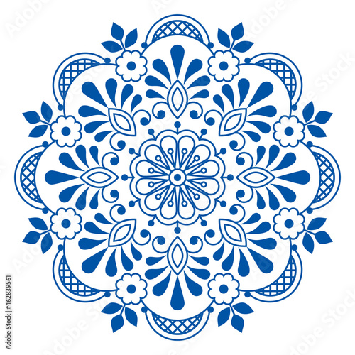 Folk art Scandinavian vector mandala design with flowers, greeting card or wedding invitation floral pattern inspired by and old lace and embroidery ornaments
