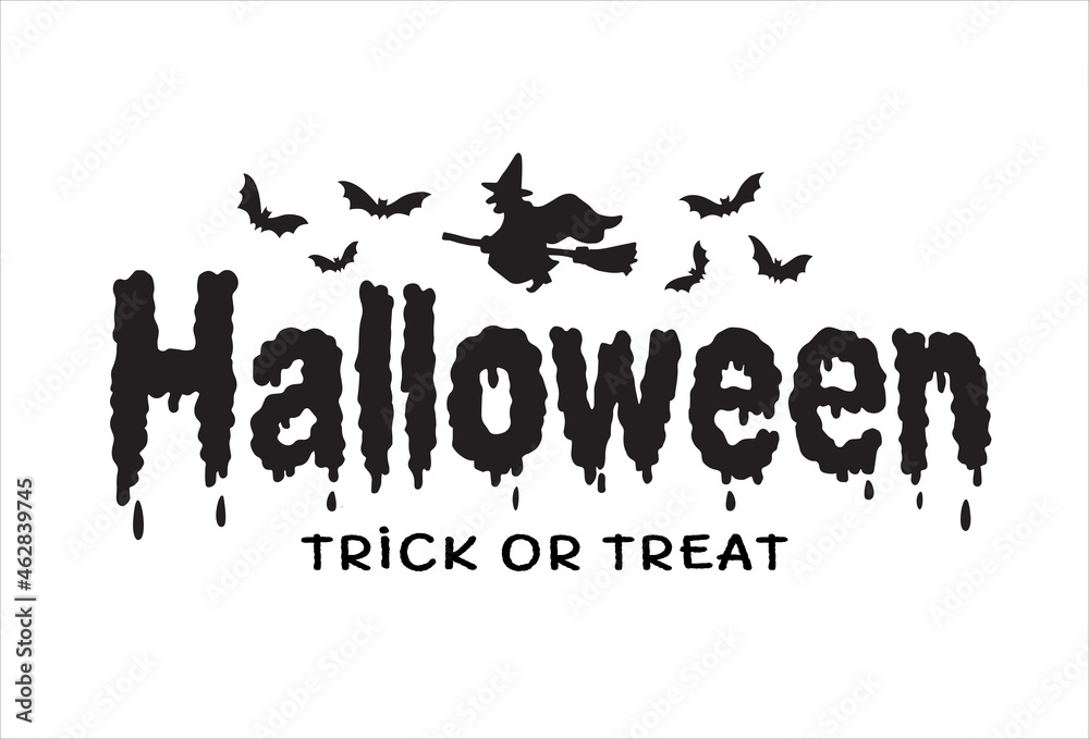 Happy Halloween text banner with witch on broomstick and bats, Vector