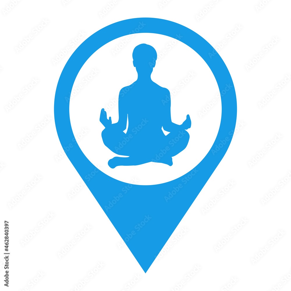 Icono plano silueta de mujer practicando la posición del loto de yoga en puntero de posición en color azul Icono plano silueta de mujer practicando la posición del loto de yoga en puntero de posición en color azul
