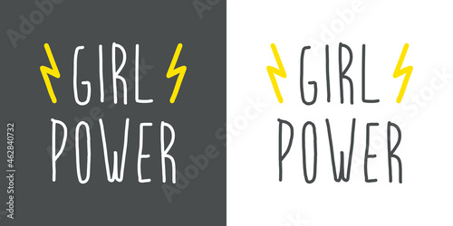 Slogan para poster. Banner con texto manuscrito Girl Power con relampago lineal color amarillo en fondo gris y fondo banco