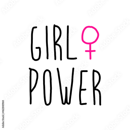 Slogan para poster. Banner con texto manuscrito Girl Power con símbolo feminista lineal en color rosa y negro