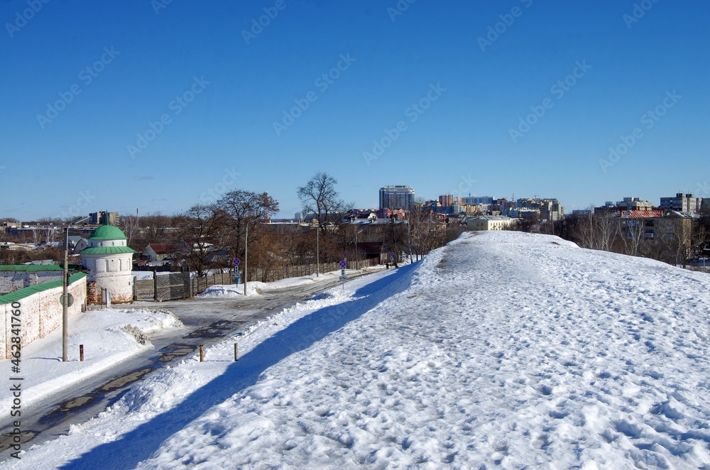 Ryazan, Russia - March, 2021: Spaso-Preobrazhensky Monastery in winter day