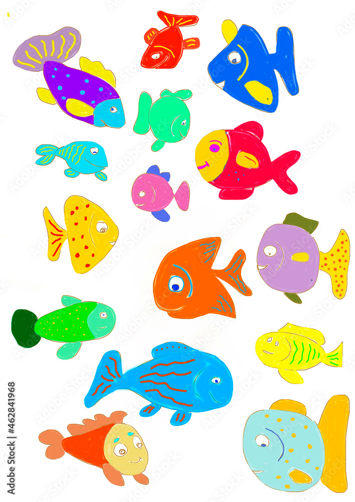 Children's painting of various colourful fishes Children's painting of various colourful fishes