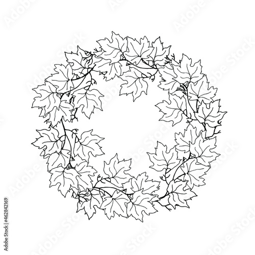 A wreath of autumn leaves. Maple leaves. Season decorative design. Vector on a white background. 