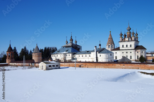 Yuryev-Polsky, Vladimir Oblast, Russia - March, 2021: Mikhailo - Arkhangelskiy Monastery in winter sunny day