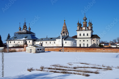 Yuryev-Polsky, Vladimir Oblast, Russia - March, 2021: Mikhailo - Arkhangelskiy Monastery in winter sunny day