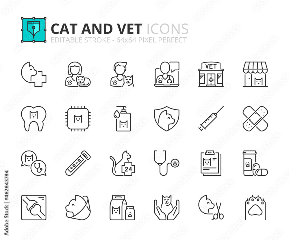 Simple set of outline icons about cats and vet. Pets. Simple set of outline icons about cats and vet. Pets.