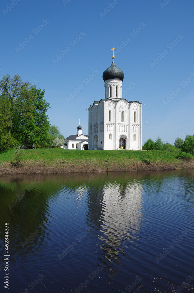 Russia, Bogolyubovo - May, 2021: Church of the Intercession on the Nerl. Orthodox church and a symbol of medieval Russia, Vladimir region