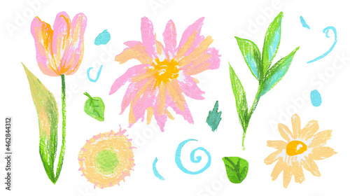 Set of spring flowers hand drawn wax crayons in children s style.Textured floral collection of illustrations with pastel pencils on white isolated background.Designs for packaging stickers banners.