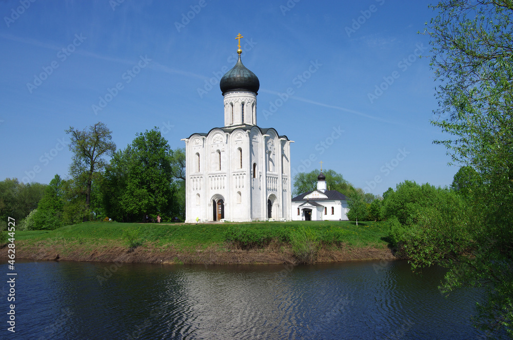 Russia, Bogolyubovo - May, 2021: Church of the Intercession on the Nerl. Orthodox church and a symbol of medieval Russia, Vladimir region